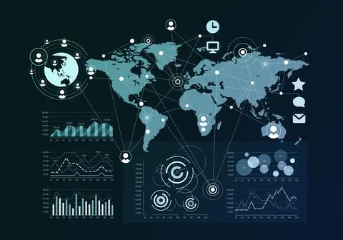 Global Network Map with Data Analytics Dashboard Stock Illustration