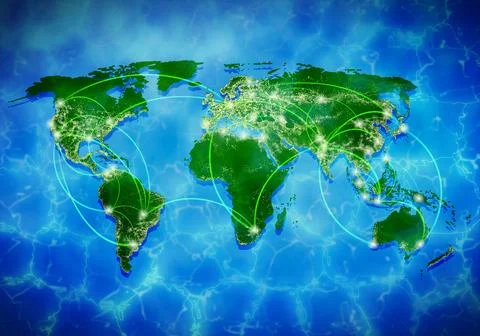 Global Network Map with Digital Connections and Data Lights Stock Illustration