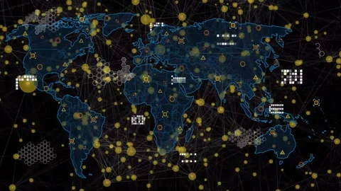Global network map fading in, pulsing nodes and routing lines, visualizing Stock Footage 328307357
