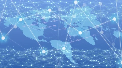 Global network overlay receiving data pulses, lighting nodes, drawing links, Stock Footage 334788712