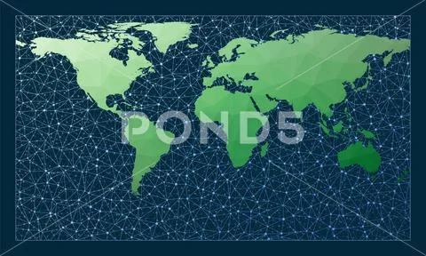 Global network. Patterson projection. Green low poly world map with ...