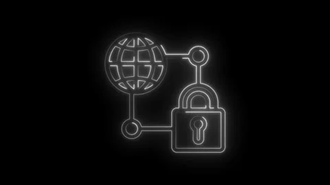 Global network security lock icon glowing neon outline connected to world globe Stock Footage 333970456