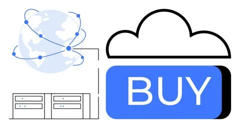Global Network with Servers, Cloud, and Large Buy Button for E-commerce and.. Stock Illustration