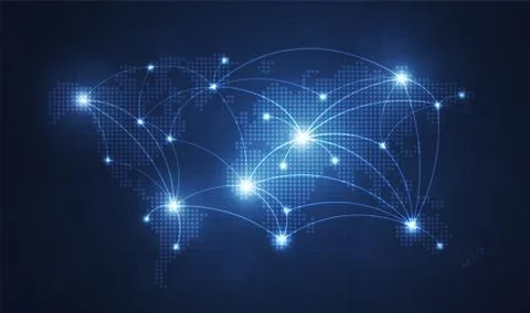 Global network technology background with world map or social media communica Illustrazione stock