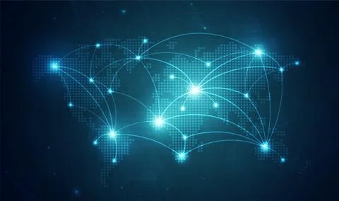 Global network technology background with world map or social media communica Illustrazione stock