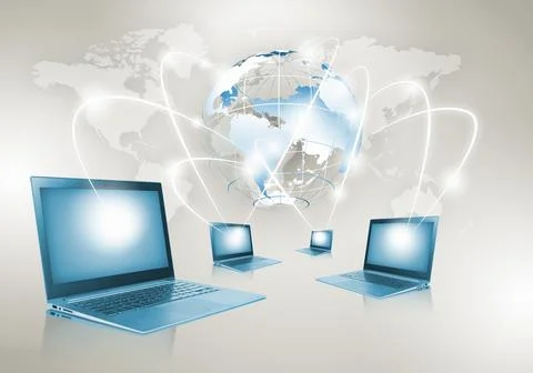 Global Network Technology with Laptops and Digital Globe Stock Photos
