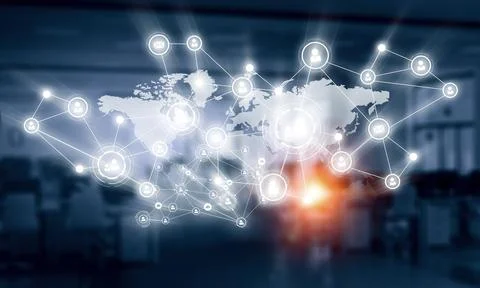 Global Network Technology Map with Digital Communication Icons Stock Illustration
