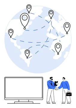 Global Network Visualization with Business Team Collaboration and Map Conne.. Stock Illustration