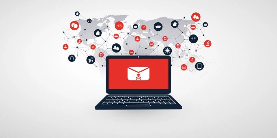 Global Network Vulnerability - Virus, Malware, Ransomware, Fraud, Spam, Phi.. Stock Illustration