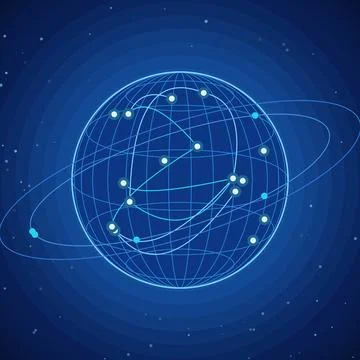 Global network wireframe globe with glowing connected nodes and orbit rings, Stock Illustration
