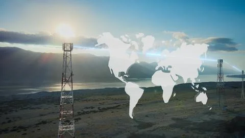 Global network wireless data connection worldwide. Telecom 5G 6G tower station Stock Photos