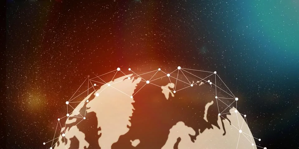 Global Network. World globe rendering with polygonal connections above over sky Stock Illustration