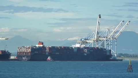Global Ocean Container Ship at Vancouver Ferry Port - Crane and Containers Stock Footage 80745565