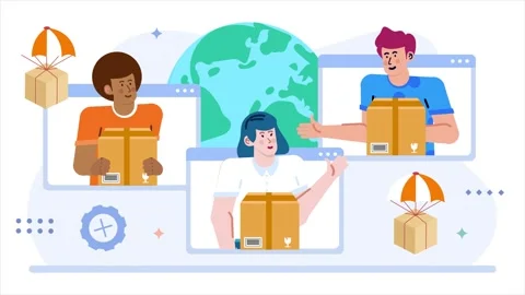 Global online delivery network with parcels and interconnected virtual 스톡 동영상 283614178