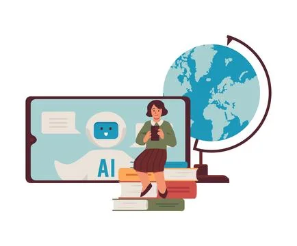Global online learning using artificial intelligence, isolated background. Illustrazione stock