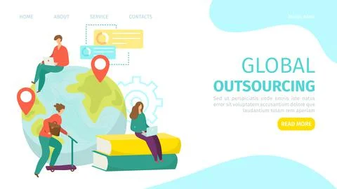 Global outsourcing concept, web page, vector illustration. People character work Stock Illustration