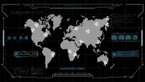 Global Pandemic Outbreak HUD Interface with World Map and Quarantine Zones 動画素材 338433607