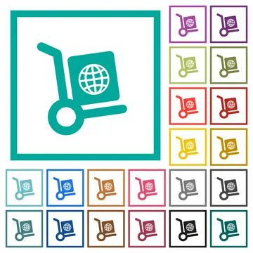 Global parcel delivery solid flat color icons with quadrant frames Ilustração Stock
