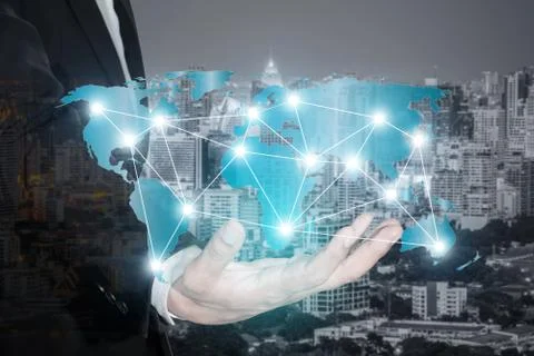 Global partnership network connection map on hand of businessman for partners Stock Photos