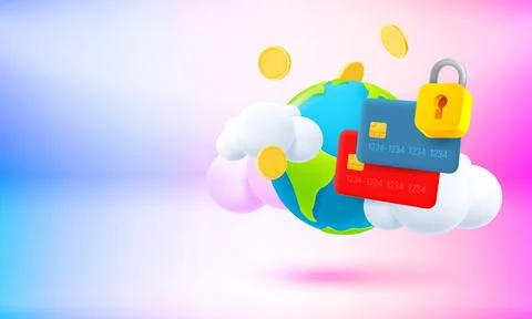 Global payment concept with plastic cards, padlock and the Earth. 3d vector.. Stock Illustration