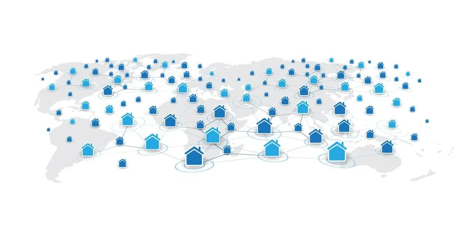 Global Peer to Peer Network, Connected Smart Homes Design, Digital Connecti.. Stock Illustration