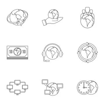 Global plan icon set, outline style Stock-Illustration