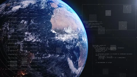Global planet data code visual Earth view, transparent software panels, map elem Stock Footage 340567731