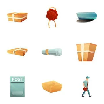 Global post service icon set, cartoon style Stock Illustration