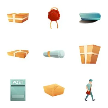 Global post service icon set, cartoon style Stock Illustration