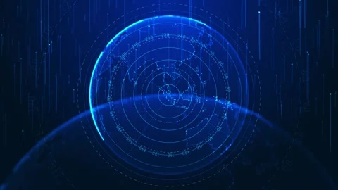 Global radar interface visual blue earth sphere, circular scan marks, numeric HU Stock Footage 340528268