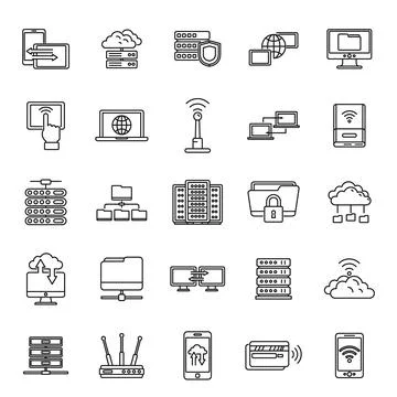 Global remote access icons set, outline style Stock Illustration