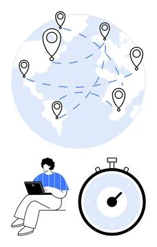 Global Remote Work Concept with Location Markers, Person Using Laptop, and .. Stock Illustration