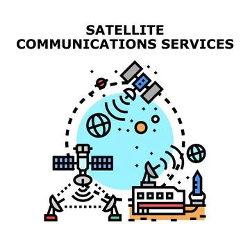 Global satellite communications services transmitting data around planet Stock Illustration