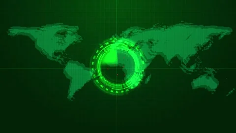Global scan radar interface visual green world map, circular target display, glo Stock Footage 340526902