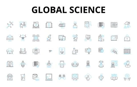 Global science linear icons set. Discovery, Innovation, Exploration, Advancement Ilustración de archivo