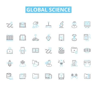 Global science linear icons set. Discovery, Innovation, Exploration, Advancement Ilustración de archivo