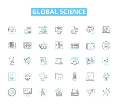 Global science linear icons set. Discovery, Innovation, Exploration, Advancement Ilustración de archivo