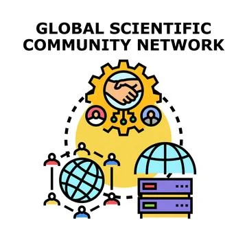 Global scientific community network collaborating for knowledge sharing Stock Illustration