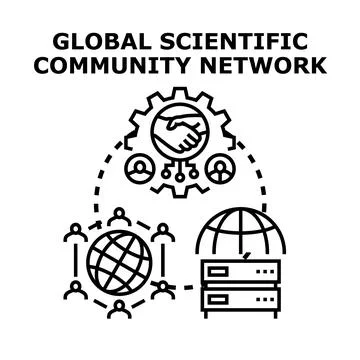 Global scientific community network collaborating for knowledge sharing Stock Illustration