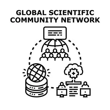 Global scientific community network connecting research and data Stock Illustration