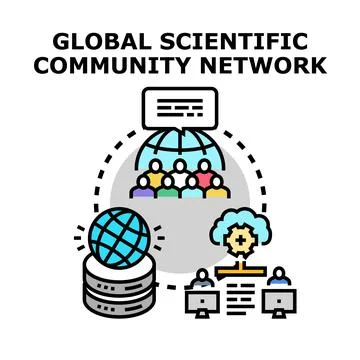Global scientific community network connecting research and data Stock Illustration