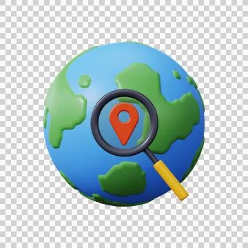 Global search concept. 3d Globe zoom. Earth with magnifying glass search icon. Ilustração Stock