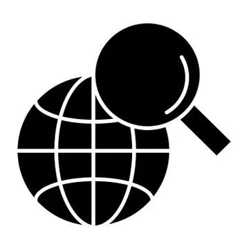 Global search solid icon. Magnifying glass and globe vector illustration Illustrazione stock