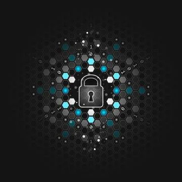 Global security concept. Abstract dark technological background. Lock, hexago Illustrazione stock
