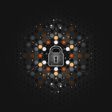 Global security concept. Abstract dark technological background. Lock, hexago Stock Illustration