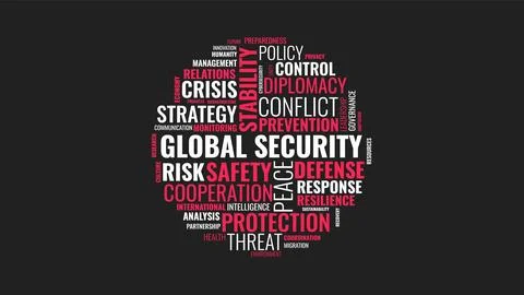 Global security word cloud typography design with crisis and strategy terms Stockillustratie