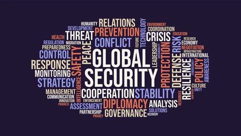Global security word cloud typography design with international policy and .. Stockillustratie