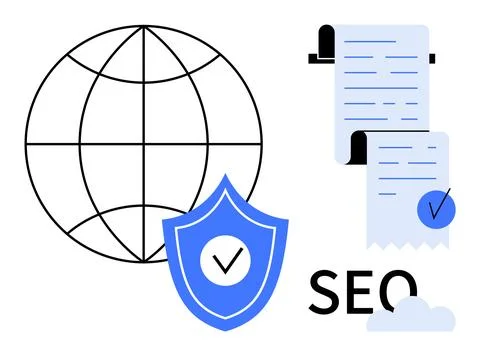 Global SEO Optimization with Secure Content and Verified Documentation Theme Illustrazione stock