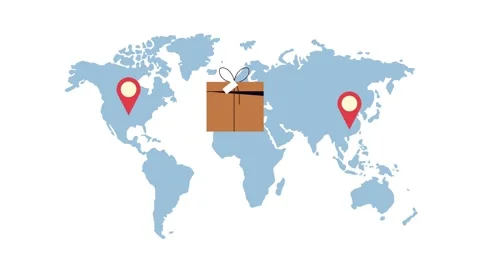 Global shipping animation with parcel moving across world map between two l.. Stock Footage 339216926