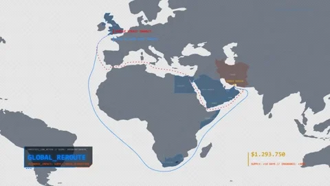 Global Shipping Blockage Tactical Map - Suez and Cape Routes Stock Footage 332025490